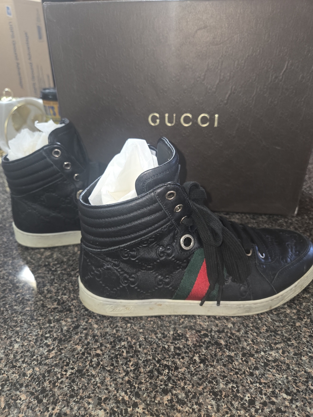 Gucci Black Leather High-Top Sneakers with Signature Web Stripe